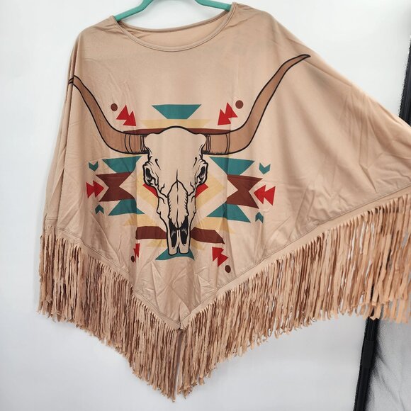 MONTANA WEST Steer Skull Graphic Faux Suede Fringed Poncho OS NWT - Picture 3 of 7